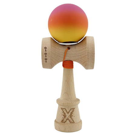 Kendama X Originala, Profesionala, Cyrax, Cupe Mari KING SIZE V3, Rubber Grip, Gaura in Baza, Rulment Metalic, din lemn 18 cm, Ata 62/65 cm, Gradient Roz/Rosu/Galben