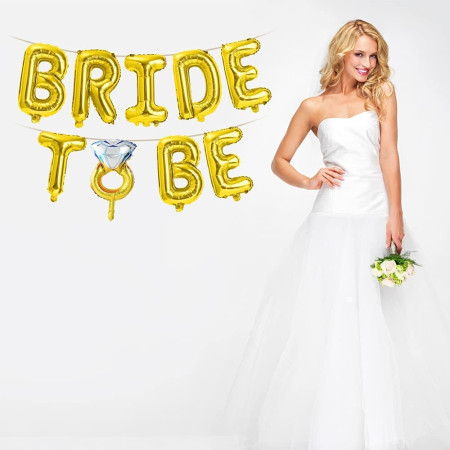 Set Baloane din Folie Metalizata, Cyrax, Model Bride to Be cu Inel de Logodna, Litere de 40 cm, Baloane Party, Ambalaj Individual, Pai Inclus, Umflare cu Aer sau Heliu, Auriu