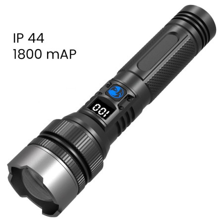 Lanterna LED Lumina Alba,  Lanterna cu Zoom Telescopic, Baterie externa, din Aluminiu + ABS, 1800 mAh, 17 x 4 x 3 cm, Negru