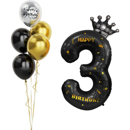Balon din Folie Metalizata Cyrax, Figurina Cifra si Coroana, Scris Happy Birthday, Tema Aniversare 100 cm, Ambalaj Individual, Pai inclus, Umflare cu Aer sau Heliu, Negru, Cifra 3