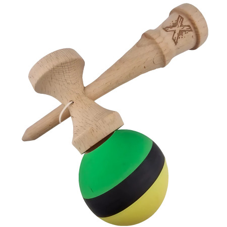 Kendama X Originala, Profesionala, Cyrax, din Lemn, Rubber Grip, 18 cm, Galben/Negru/Verde