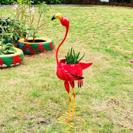 Decoratiune pentru Gradina,  Flamingo pentru Gradina cu Suport pentru Plante Flori, Ornament de Ghiveci de Flori, Model Flamingo, din Fier, 73 x 34 x 22 cm, Roz