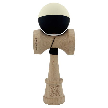 Kendama X Originala, Profesionala, Cyrax, Rubber Grip, Cupe Mari KING SIZE V3, Gaura in Baza, Rulment Metalic, din lemn 18 cm, Ata 62/65 cm, Bicolor Galben/Negru