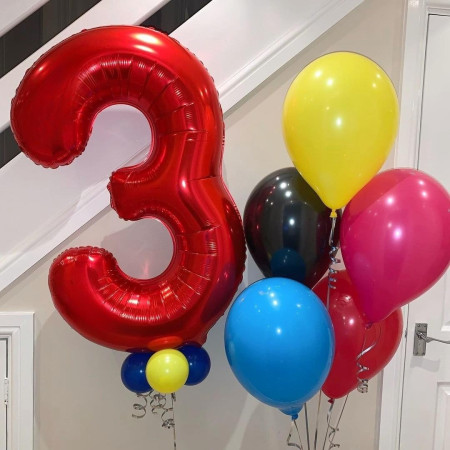 Balon din Folie Metalizata Cyrax, Figurina Cifra, Tema Aniversare 40 cm, Ambalaj Individual, Pai inclus, Umflare cu Aer sau Heliu, Rosu, Cifra 3