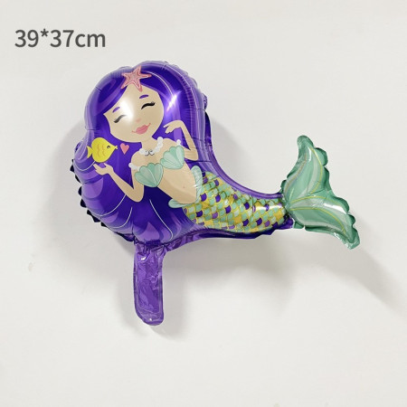 Balon din Folie Metalizata, Cyrax, Mini Figurine, Model Sirena cu Par Mov, Tematica Aniversare, 39x37 cm, Ambalaj Individual, Pai Inclus, Umflare cu Aer sau Heliu, Multicolor