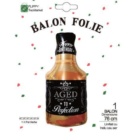 Balon din Folie Metalizata, Cyrax, Figurina Sticla de Whisky, Tema Aniversare, 90x45 cm, Ambalaj Individual, Pai Inclus, Umflare cu Aer sau Heliu, Maro