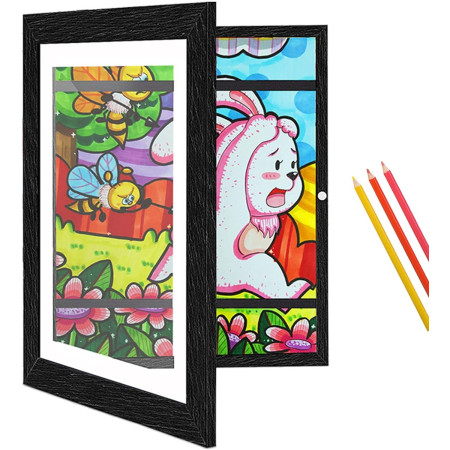 Rama Foto  din Lemn, cu Spatiu Pentru Depozitare, Pentru Desene si Picturi A4, Sticla Securizata, Rama MDF, Negru