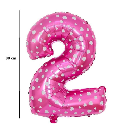 Balon din Folie Metalizata Cyrax, Figurina Cifra, Imprimeu Inimi, Tema Aniversare 80 cm, Ambalaj Individual, Pai inclus, Umflare cu Aer sau Heliu, Roz, Cifra 2