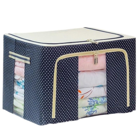 Cutie de Depozitare Pliabila,  24 L, Panza Oxford, 40x30x20 cm, Fereastra Frontala, 2 Usi de Acces cu Fermoar Bidirectional, Cadru Metalic, Suport Baza Stabil din Plastic, Imprimeu buline, Albastru Marin
