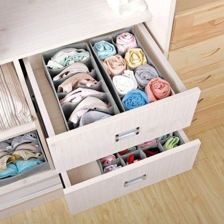 Cutie De Depozitare,  Pentru Lenjerie, Sosete Si Sutiene, Material Textil, 6 Compartimente, 32 x 16 x 10 cm, Culoare Gri