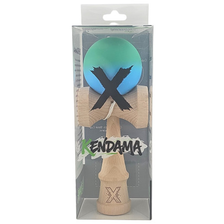 Kendama X Originala, Profesionala, Cyrax, din Lemn, Rubber Grip, 18 cm, Verde/Albastru