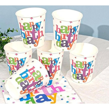 Set 6 Pahare, Cyrax, Imprimeu Happy Birthday, din Carton, 7.5 x 7.8 cm, Multicolor