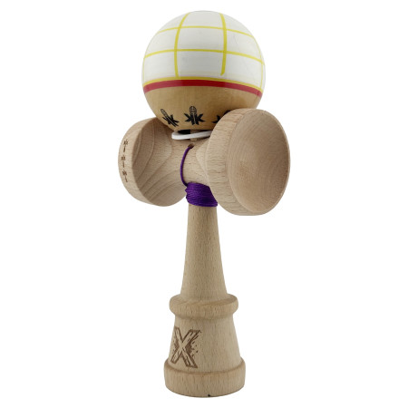 Kendama X Originala, Profesionala, Cyrax, Legendary Glob, Cupe Mari KING SIZE V3, Super Sticky, Gaura in Baza, Rulment Metalic, din lemn 18 cm, Ata 55 cm, Alb/Galben/Rosu
