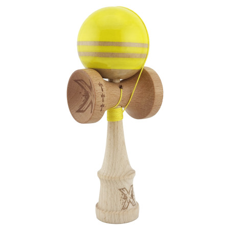 Kendama X Rainbow Originala, Profesionala, Cyrax, Big Cups V2, Super Sticky cu Cupe Mari, Rulment Metalic, din lemn 18 cm, Ata 55 cm, Galben/Maro