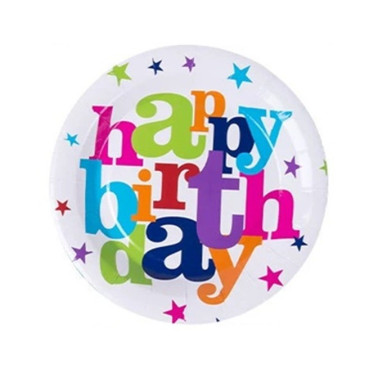 Set 6 Farfurii Unica Folosinta, Cyrax, Imprimeu Happy Birthday, din Carton, Diametru 18 cm, Multicolor