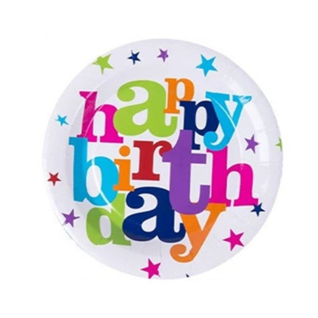 Set 6 Farfurii Unica Folosinta, Cyrax, Imprimeu Happy Birthday, din Carton, Diametru 18 cm, Multicolor
