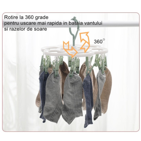 Uscator de Rufe Suspendat  cu 16 Carlige, Rotire 360 Grade, Mateiral Plastic, Usor de Depozitat, Multifunctional, 26 x 21 cm, Verde
