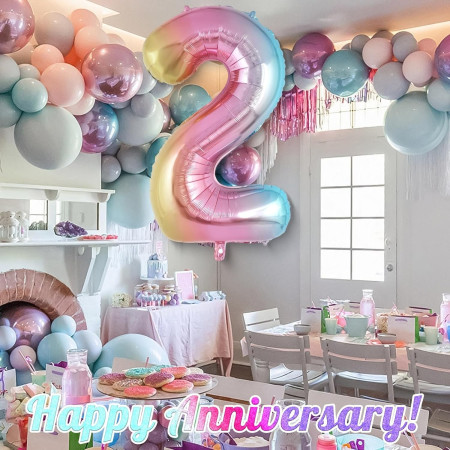 Balon din Folie Metalizata Cyrax, Figurina Cifra Gradient, Tema Aniversare 40 cm, Ambalaj Individual, Pai inclus, Umflare cu Aer sau Heliu, Multicolor, Cifra 2