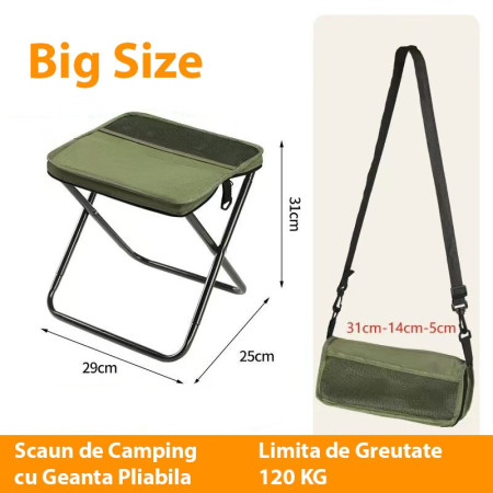 Scaun Taburet Pliabil pentru Camping,  pentru Adulti, Scaun Portabil, Pescuit, din Panza Oxford si Cadru Metalic, Mare 31 x 29 x 25 cm, Verde