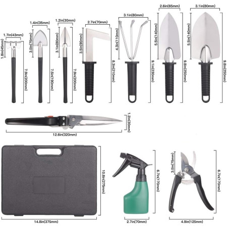 Set 10 Unelte de Gradina,  pentru Plantare Prelucrare Sol si Ingrijire Plante, Manere Negre, Material PVC si Otel Inoxidabil, Cutie Inclusa, 37x28x7 cm, Negru