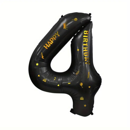 Balon din Folie Metalizata Cyrax, Figurina Cifra si Coroana, Scris Happy Birthday, Tema Aniversare 100 cm, Ambalaj Individual, Pai inclus, Umflare cu Aer sau Heliu, Negru, Cifra 4
