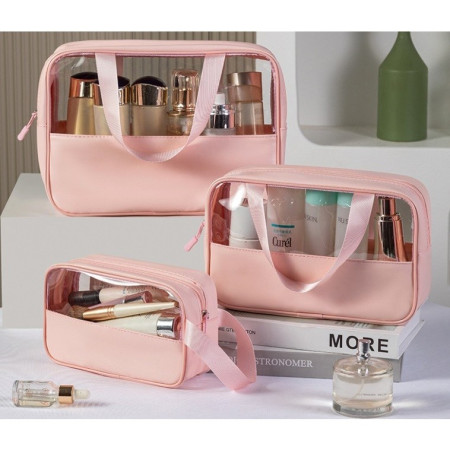 Geanta pentru cosmetice, Cyrax, Geanta pentru Voiaj sau Organizarea produselor Cosmetice, Geanta pentru Machiaj, din PVC si PU, 26 x 15 x 10 cm, Roz