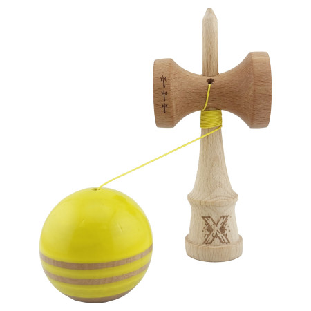 Kendama X Rainbow Originala, Profesionala, Cyrax, Big Cups V2, Super Sticky cu Cupe Mari, Rulment Metalic, din lemn 18 cm, Ata 55 cm, Galben/Maro