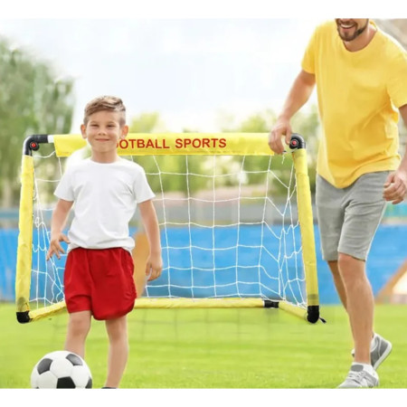 Set Poarta de Fotbal pentru Copii, Cyrax, 45x60 cm, Minge, Cartonase, Pompa, Fluier, Interactiv, Distractiv, Galben