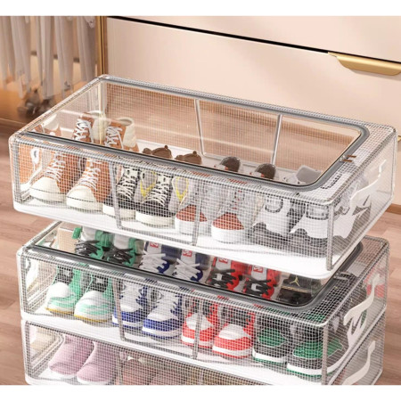 Cutie de Depozitare pentru Pantofi,  60*30*21CM , din Plasa PVC Impermeabila si Cadru de Otel, Pliabila, Fermoar Bidirectional, Transparenta