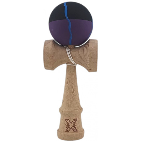 Kendama X Originala, Profesionala, Cyrax, din Lemn, Rubber Grip, 18 cm, Negru/Mov/Albastru