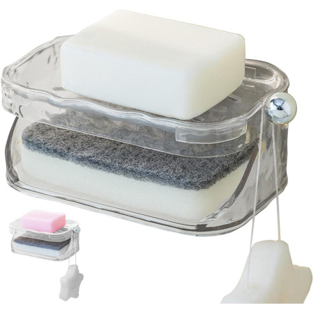 Savoniera Dubla,  2 Straturi, Instalare fara Perforare, Agatatoare Burete, 13.5 x 8.5 x 6 cm, Transparent