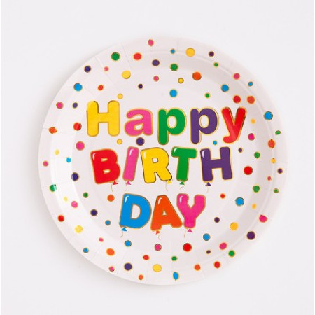 Set 10 Farfurii Unica Folosinta, Cyrax, Imprimeu Happy Birthday, din Carton, Diametru 23 cm, Multicolor