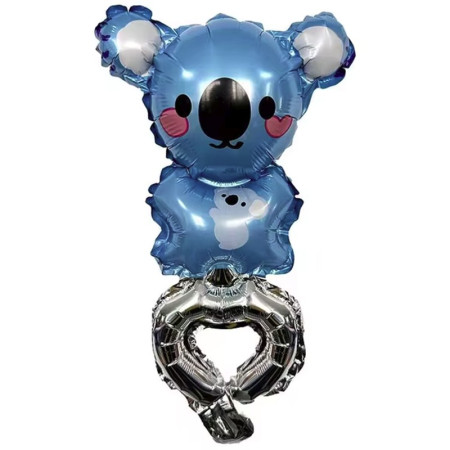 Balon din Folie Metalizata, Cyrax, Figurine Animalute, Tip Bratara, Model Koala, Ambalaj Individual, Pai Inclus, Umflare cu Aer sau Heliu, Albastru