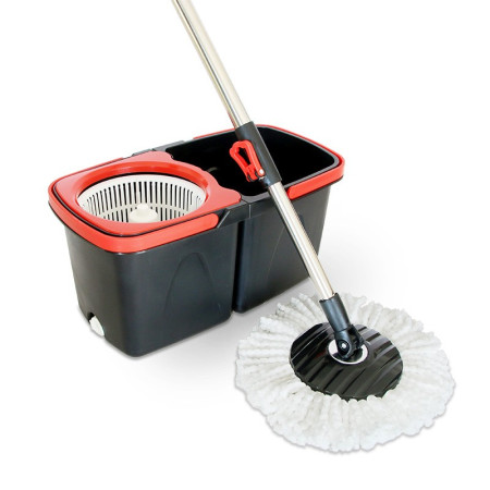 Set mop rotativ cu galeata  material plastic si microfibra, rezistent, cu dop scurgere, vas detasabil, pentru interior, capacitate 8 l, negru/rosu