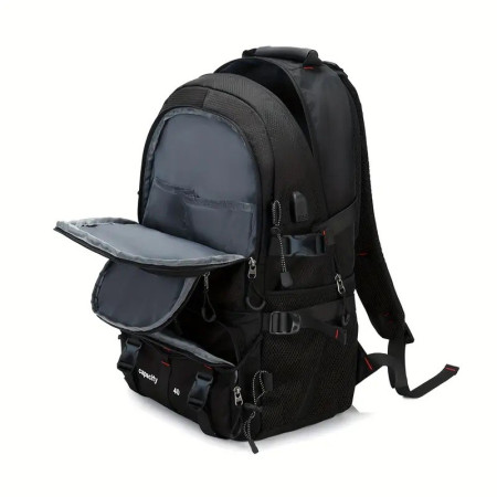 Rucsac Multifunctional de Alpinism,  Capacitate 36-55 L, de Calatorie, Impermeabil, Slot USB Incarcare Telefon, Bretele Reglabile, 52 x 34 x 19 cm, Negru