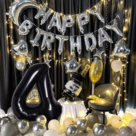 Balon din Folie Metalizata Cyrax, Figurina Cifra, Tema Aniversare 40 cm, Ambalaj Individual, Pai inclus, Umflare cu Aer sau Heliu, Negru, Cifra 4