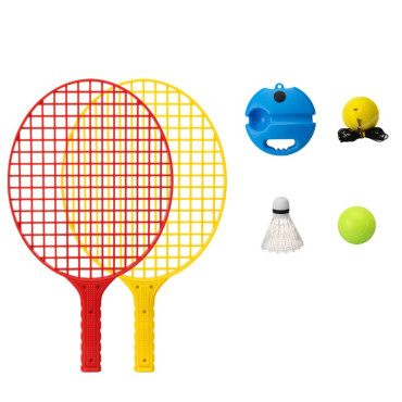 Set Badminton pentru Copii, Cyrax, Doua Palete, Fluturas, 2 Mingi, Minge cu Elastic pentru Antrenament, Suport de Prindere Stabil, 40.5x23 cm, Rosu Galben