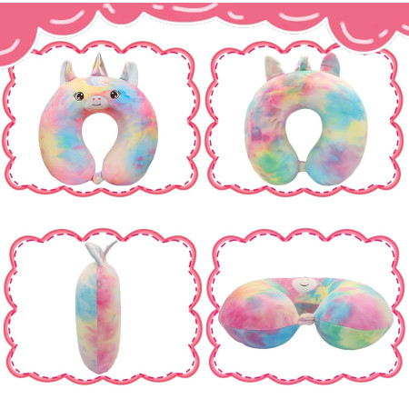 Perna de Calatorie in Forma de U,  Pentru Gat si Cap, Umplutura din Spuma cu Memorie, 30x30 cm, Model Unicorn, Accesoriu de Voiaj, Birou, Masina, Sistem Prindere Capse, Multicolor