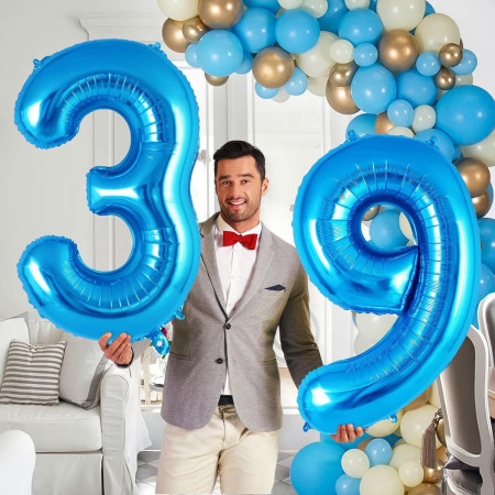 Balon din Folie Metalizata Cyrax, Figurina Cifra, Tema Aniversare 40 cm, Ambalaj Individual, Pai inclus, Umflare cu Aer sau Heliu, Albastru, Cifra 9