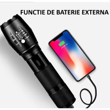 Lanterna Power Bank LED,  Incarcare USB, Raza 300m, 5W, Model T9 Telescopic 14.7 -15.7 cm, Functie Zoom si Incarcare Telefon, Negru
