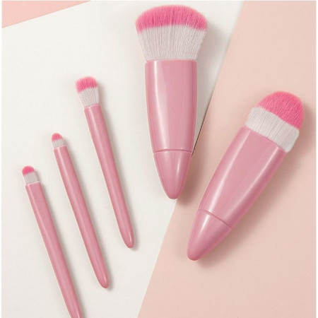Set 5 Mini Pensule de Machiaj, Cyrax, Portabile, in Carcasa cu Oglinda, din Par Sintetic Moale, Roz, 12x7x2.5 cm