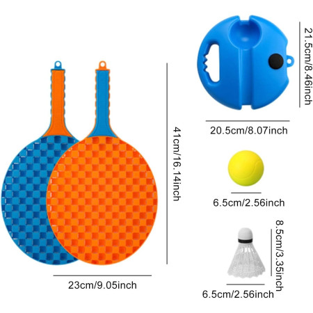 Set Badminton pentru Copii, Cyrax, Doua Palete, Fluturas, 2 Mingi, Minge cu Elastic pentru Antrenament, Suport de Prindere Stabil, 41x23 cm, Albastru Portocaliu