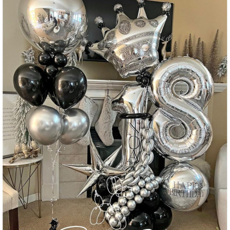 Set 10 Baloane din Latex Chrome, Cyrax, Model Party, 23 cm, Negru Argintiu, 2.2 g
