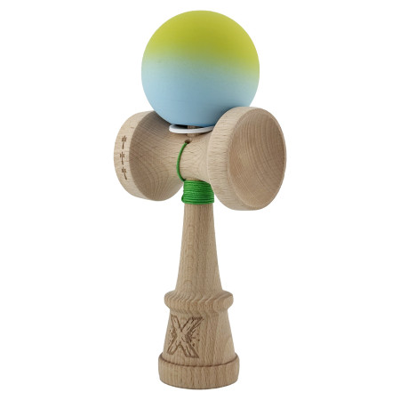 Kendama X Originala, Profesionala, Cyrax, Rubber Grip, Cupe Mari KING SIZE V3, Gaura in Baza, Rulment Metalic, din lemn 18 cm, Ata 62/65 cm, Gradient Galben/Albastru