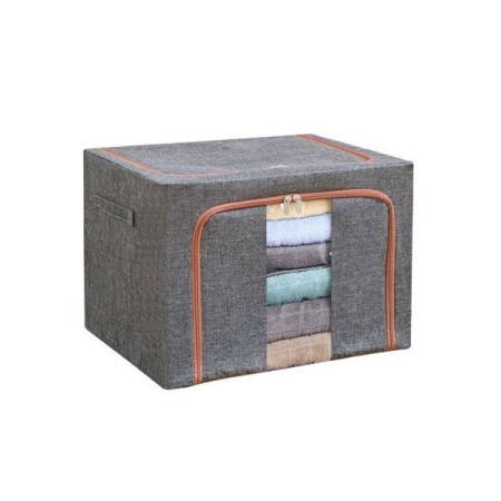 Cutie de Depozitare Pliabila,  24 L, din Bumbac si In, 40x30x20 cm, Fereastra Frontala, 2 Usi de Acces cu Fermoar Bidirectional, Cadru Metalic, Suport Baza Stabil din Plastic, Gri