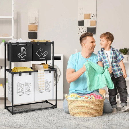 Cos de Rufe,  cu 2 Etaje, 4 Cosuri, Cadru de Otel Inoxidabil, 97x44x57 cm, Negru