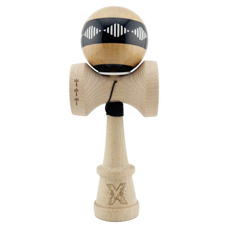 Kendama X Originala FREQUENCY, Profesionala, Cyrax, Cupe Mari KING SIZE V3, Super Sticky, Gaura in Baza, Rulment Metalic, din lemn 18 cm, Ata 55 cm, Negru/Maro