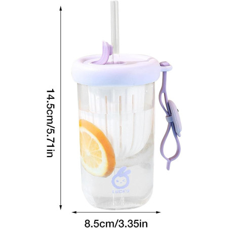 Pahar din silicon, cu capac si pai, pentru copii, Cyrax, anti-cadere, compartiment pentru fructe/ceai/gheata, rezistent la temperaturi inalte, 500ml, Mov, 14.5x8.8x20 cm