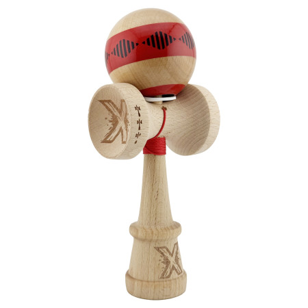 Kendama X Originala FREQUENCY, Profesionala, Cyrax, Cupe Mari KING SIZE V3, Super Sticky, Gaura in Baza, Rulment Metalic, din lemn 18 cm, Ata 55 cm, Rosu/Maro