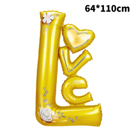 Balon din Folie Metalizata, Cyrax, Figurine, Model LOVE, Tematica Iubire, 110x64 cm, Ambalaj Individual, Pai Inclus, Umflare cu Aer sau Heliu, Galben